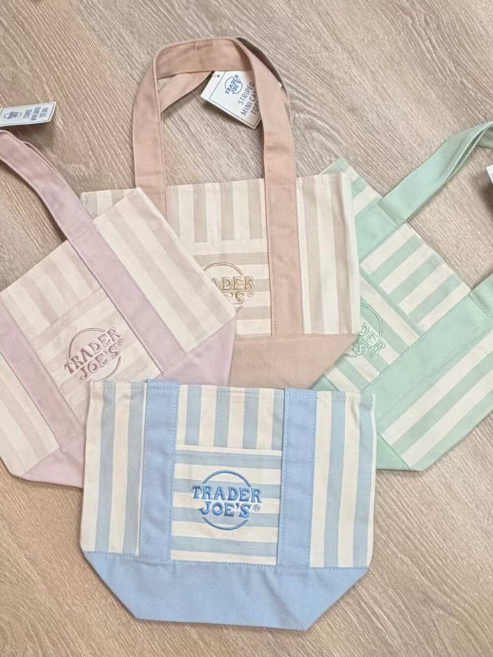 NWT Trader Joe's Mini Canvas Striped Tote Bag Sky Blue Pastel White - Picture 4 of 9